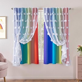 MYSKY HOME - Cortinas traslúcidas y opacas con pompones de doble capa de 63 pulgadas de largo para niños, recámara de niñas, habitación de hijo, oscurecimiento de habitación, cortinas de ventana