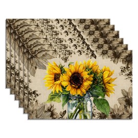 Vintage Sunflower Vase Placemats Set of 6, Flower Floral Linen Place Mats Washable Stain Resistant Table Mats for Home Party Kitchen Dining, 12x18 Inch