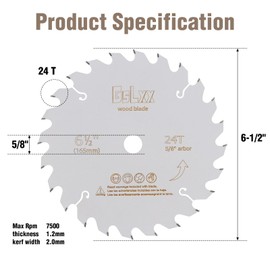 GsLxx 6 1/2 Circular Saw Blade, 24 ATB Teeth with 5/8" Arbor Wood Cutting Framing Saw Blade for Plywood, MDF, OSB, Laminated, 10Pack