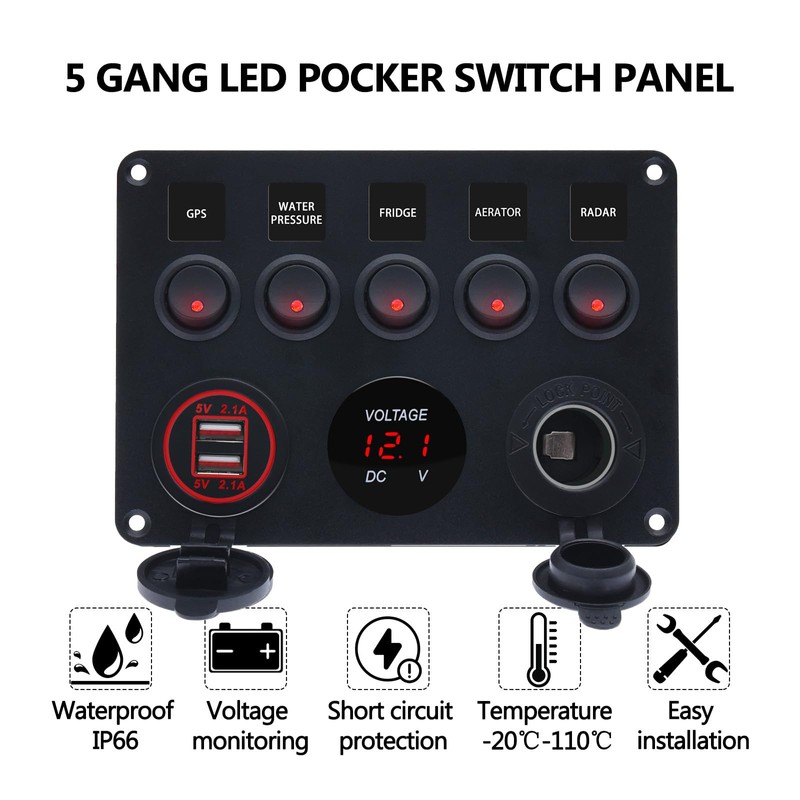 5 Gang Marine Toggle Switches Waterproof Rocker Switch Panel for