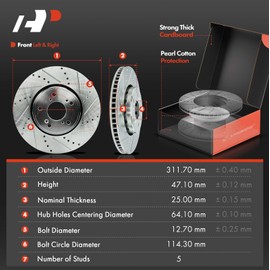 A-Premium 12.28 in (312 mm) Front Drilled and Slotted Disc Brake Rotors + Ceramic Pads Kit Compatible with Select Acura Models - RDX 2013-2018, ILX 2016, 6-PC Set