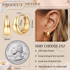 JeweBella Small Thick Earrings Gold for Women 18K Gold-Plated Hypoallergenic Chunky Golden Hoop Earrings Huggie Open Drop Cubic Zirconia Earrings, Copper