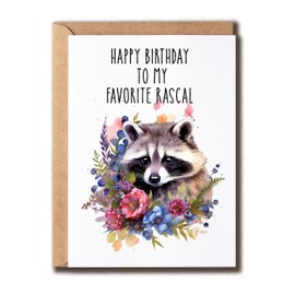 GoGiDesigns Happy Birthday To My Favorite Rascal Card - Raccoon Flowers Birthday Card - Cute Raccoon Greeting Card - Funny Card, White