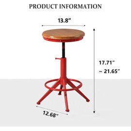 Topower Industrial Adjustable Height 17.71-21.65in Bar Stools, Metal Frame with Round Wood Seats, Kitchen Dining Breakfast Chair, Counter Stool Set of 2, Antique Red