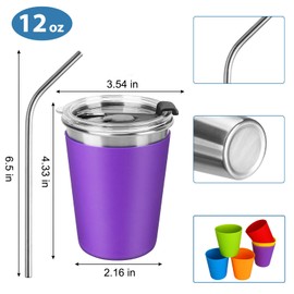 ShineMe Cups With Lids and Straws, 6pack Stainless Steel Toddler Tumbler with Metal Straws, Unbreakable Kids Sippy Cups with Colorful Silicone Sleeves for Cold & Hot Drinks