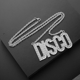 FORUBUS Disco Gold Chain Necklace for Women - Disco Pendant Necklace, 70s Disco Party Jewelry, Disco Accessories for Women Men, Disco Theme Outfit Jewelry-silver