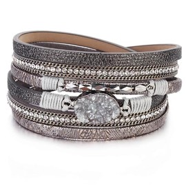P Ammy Fashion® Bohemian Leather Wrap Bracelets Crystal Cuff Stackable Boho Bangles Double-Wrap with Magnetic Clasp (Double Wrap-Grey)