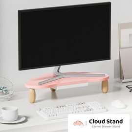 AFOOYO Monitor Stand Riser,Cloud-Shaped Sturdy Wood Computer Monitor Riser Wirh Drawer, Monitor Stand Riser, Multi-Purpose Desktop Organizer Riser for Computer,Laptop,Printer,TV,Pink