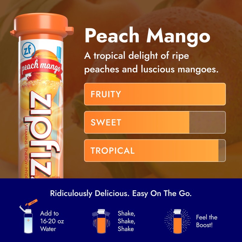 Zipfizz Daily Energy Drink Powder, Peach Mango, 20 Pack |