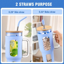 WINSA Glass Tumbler with Lid and Straw, 46 oz Iced Coffee Cup with Handle, Large Water Bottles with Silicone Sleeve, Glass Cup with Straws - Pearl Straw & Drinking Straw BPA Free-Glacier