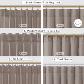 Joywell Linen Pinch Pleated Window Curtains 108 Inch Long,Back Tab Clip Rings Semi Sheer Light Filtering Drapes with Hooks for Bedroom Living Room Decor,W50 x L108,Grey Brown,2 Panels Set