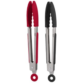 Tovolo Mini Stainless Steel Tongs Grip 7" with Silicone Grip & Easy Lock Mechanism for Serving, Salad, and Ice, Set of 2 7" Red & Black