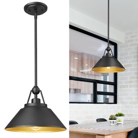 Black Barn Pendant Light Fixture, HWH 12-inch Industrial Pendant Lights for Kitchen Island, 1-Light Hanging Light Farmhouse Dinning Room, Black and Gold Finish, 5HYS89MIL BK