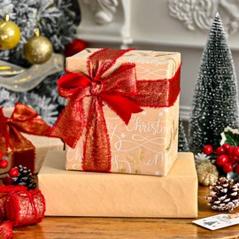 Flyhill Kraft Christmas Wrapping Paper Roll-17 Inch X 32.8 Feet-46.8sqft-Metallic Gold Feathers with Merry Christmas Lettering for Christmas,All Holiday,Birthday,Art Project,Origami