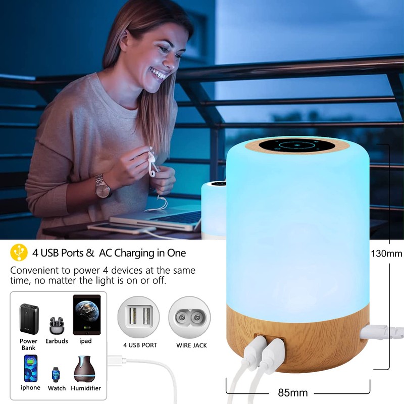 Taipow Bedside Lamp with 4 USB Charging Ports, LED Table
