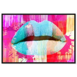 The Oliver Gal Artist Co. Fashion and Glam Framed Wall Art Canvas Prints 'No Words Left' Lips Home Décor, 30" x 20", Green, Pink