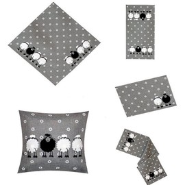 Tablecloth, table runner, cushion cover, embroidery, appliqué, sheep, grey, white (85 x 85 cm)