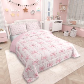 Feelyou Bow Comforter Set Twin Size Pink Girls Bow Bedding Set Boys Girls Cute Bowknot Comforter for Kids Women Men Kawaii Duvet Bow and Stripes Quilt 2Pcs