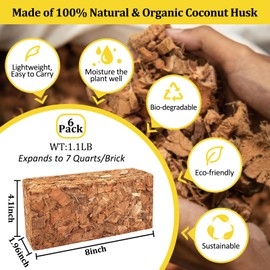 Riare 6 Pack Coco Chips Substrate for Plants- 6.6lb 100% Organic Coconut Husk Brick with Low EC and pH Balanced, High Expansion Coconut Substrate Coco Husk Mulch for Garden Flowers, Herbs, Planting