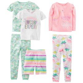 Simple Joys by Carter's Girls' 6-Piece Snug Fit Cotton Pajama Set, Mint Green Rainbow/Pink/White Dinosaur/Stripe/Unicorn, 4T