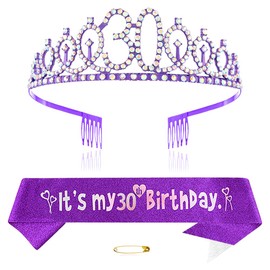 Purple 30th Birthday Crown and Sash Girls 30th Birthday Decoration Rhinestone Birthday Tiara Princess Crown Queen Tiara Birthday Sash Girls 30th Birthday Decoration Party Clothing Accessories,