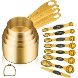 Gold Magnetic Measuring Spoons & Cups Set – 8 Dual-Sided Magnetic Spoons with Leveler + 4 Stainless Steel Measuring Cups – Perfect for Liquid & Dry Ingredients