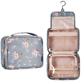 VEXTROFORT Toiletry Bag for Women, Large Hanging Travel Makeup Bag Water-resistant for Toiletries/Cosmetics/Brushes (Small gray flower-V2)
