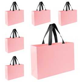 Xloey Pink Gift Bags, 6 Pcs 12.6"x4"x8.7" Pink Paper Bags with Ribbon Handles for Valentine's Day, Wedding, Birthday, Christmas, Anniversary, Business