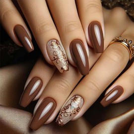 24pcs Brown Press On Nails Medium Coffin Fake Nails With Relief Lace Design Spring Press Ons Glossy False Nails Full Cover Acrylic Artificial Nails Reusable Glue On Nails Stick On Nails For Women