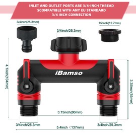 iBamso 2-Wege Verteiler, 3/4 Zoll Wasserverteiler, Schlauchverbinder zum Anschluss 2 Geräten Gartenschlauch Adapter mit Absperrventil Verlängerter MetallGriff, für Garten Bewässerung Wasserhahn-Red