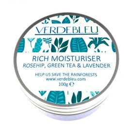 Verdebleu - 99% Natural - Facial Moisture Cream - Rosehip, Green Tea, Lavender. Face Moisturiser to Soothe, Nourish and Hydrate Dry Skin. pH 5.5, Sensitive Skin. 100 g.