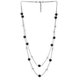 COOLSTEELANDBEYOND Black Statement Necklace Two-Strand Long Chains with Transparent Crystal Beads Charms, Fashionable