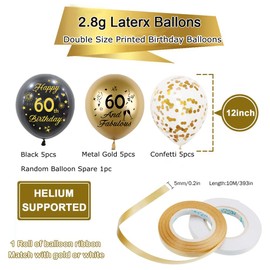 Yiran Black Gold 60th Birthday Balloons Pack of 15 Men Women Happy 60th Birthday Party Deocorations Supplies Men Women Happy 60th Birthday Ballloons Latex Confetti Balloons 12inch & Ribbon