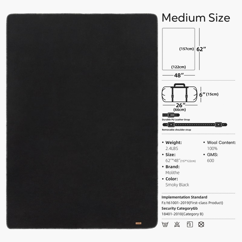 Molithe 100% Wool Blanket, 48" x 62", Warm, Thick, Washable,
