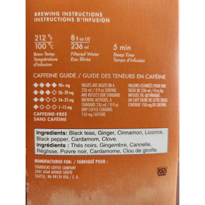 Teavana Starbucks Teavana Tea Sachets Classic Chai, Pack Of 144