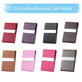 Business Card Holder Case PU Leather Business Card Case Metal Name Card Holder Pocket Carrier for Men & Women with Magnetic Shut - Gray