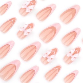 Pink French Tip Press on Nails Almond Medium Fake Nails with Bow Nails Charms Design Cute Stick on Nails Full Cover Nail Tips Glue on Nails Artificial Handmade Nails Acrylic Nails for Women Girl 24Pcs