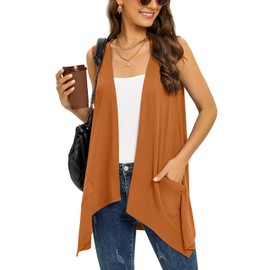 Wiwclo Trendy Sleeveless Cardigans for Women Lightweight Vest with Pockets Casual Soft Knit Open Front Cardigan High Low Hem, c08-brown-sleeveless, S
