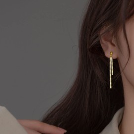 SLUYNZ Sterling Silver Crystal Rhinestone Linear Drop Earrings for Women Teen Girls CZ Long Dangle Earrings Tassel Chain Studs (C-Gold-4.5cm)