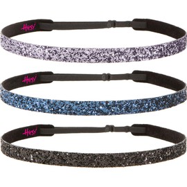 Hipsy Petite Size, Adjustable No Slip Sparkly Bling Glitter Skinny 3pk Headbands for Women Girls & Teens (Skinny Black/Navy/Gunmetal)