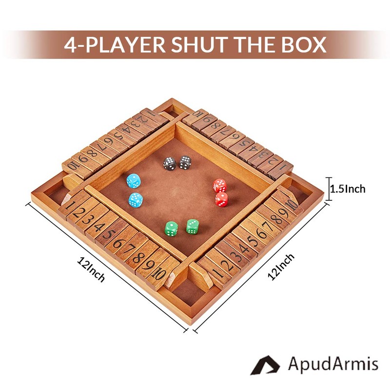 ApudArmis 4-Way Shut The Box, Large Wooden Board Game Set