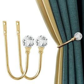 2cs Decorative Balls Curtains Holders for Wall Large Crystal Ball Wall Mounted Drapery Tiebacks with Clear Crystal Ball Heavy Duty Metal Drapery with Screws Matt (Gold)
