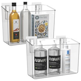 vacane 2 Pack Plastic Adhesive Mount Over Cabinet Door Organizer, Wall Organization Container Makeup Organizer Hanging Basket Bins for Kitchen, Pantry, Craft Room, Office, Space Saving Holder