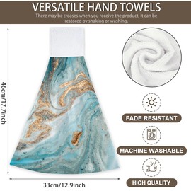 CIAIDU Golden and Turquoise Marble Texture Hand Towels Hanging Kitchen Towels 2 PCS Dish Towel Fast Drying Hanging Tie Towels for Bathroom Home 12x17 Inch