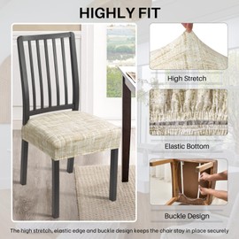 SearchI Stretch Dining Chair Seat Covers Set of 4, Stretch Washable Chair Covers for Dining Chairs, Kitchen Chair Covers Protector (Rear-Covered, Beige White Stripe)