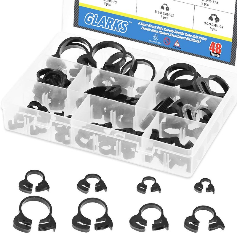 Glarks 48Pcs 8 Size Heavy Duty Black Double Gripping Nylon