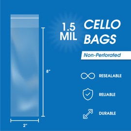 Spartan Industrial - 2" X 8" (1000 Count) Crystal Clear Resealable Cello Poly Bags for Jewelry, Treats, Party Favors - Self Seal