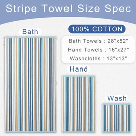 Striped Bath Towels Set (4PC, 28"x52") - 100% Cotton | Quick Dry | Soft | Absorbent, Luxury Bath Towels with Hanging loops, Light Weight Towels for Showering & Bathroom, Blue + Gray + Beige Stripes