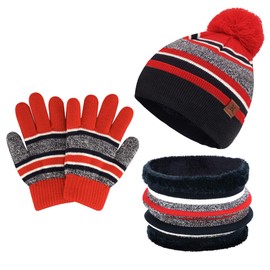Kids Toddlers Winter Knit Warm Beanie Hat Scarf Gloves Set for Boys Girls Age 2-7, Pompom Cap Neck Warmer Gloves Fleece Lined