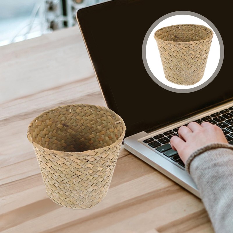 Ciieeo Mini Woven Trash Can Natural Straw Basket for Home